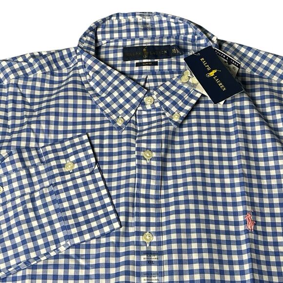 NWT Polo Ralph Lauren Men's‎ Slim Fit Stretch Button Down Blue Gingham Shirt XXL - Picture 1 of 7